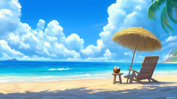 A cozy beach computer wallpaper with a wooden lounge chair and a straw umbrella.