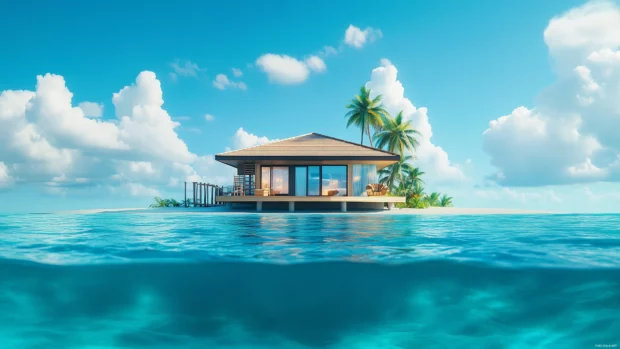 A cozy tropical bungalow overwater villa with crystal clear blue lagoon beneath, calm ocean waves below.