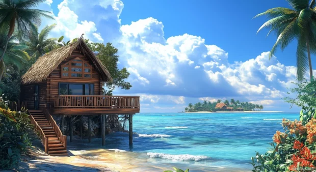 A cozy tropical bungalow overwater villa with crystal clear blue lagoon beneath, calm ocean waves below, lush palm covered island in the distance.