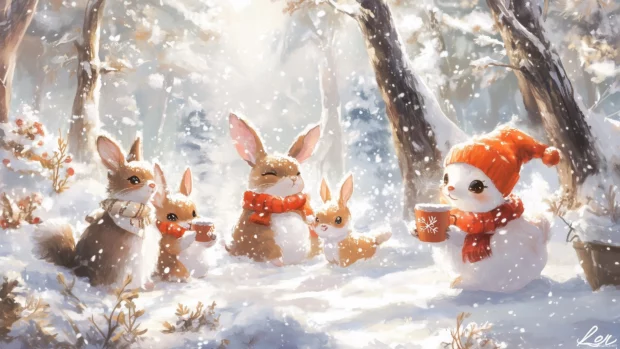 A cozy winter scene with cute animals bundled up in scarves and hats, playing in the snow and sipping hot cocoa.