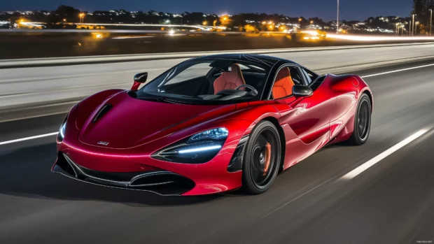 A crimson red McLaren 720S speeding down an empty highway at night.