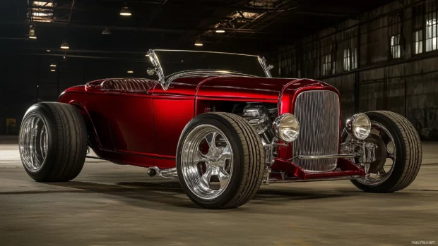 A custom hot rod nicde car with a chrome finish, showcased under spotlights in an industrial warehouse .