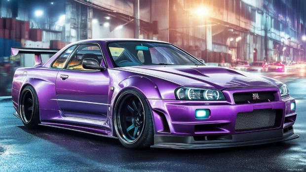 A custom purple Nissan Skyline, modified with wide body kits and matte black wheels, sitting in front of an industrial warehouse at night with street lights shining.