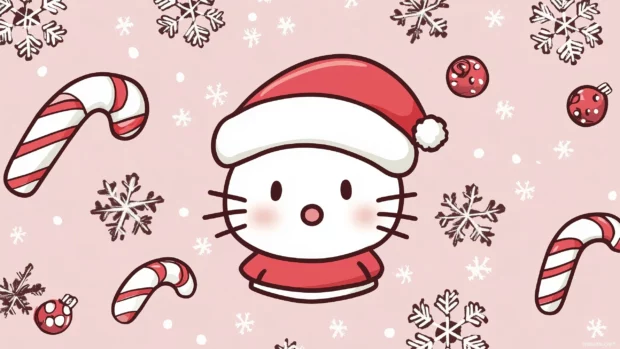 A cute Christmas Hello Kitty wearing a Santa hat, arranged in a repeating pattern with candy canes and snowflakes over a soft pink background.