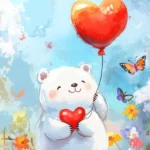 A cute Kawaii bear holding a heart shaped balloon, surrounded by colorful flowers and butterflies, enjoying a sunny day.