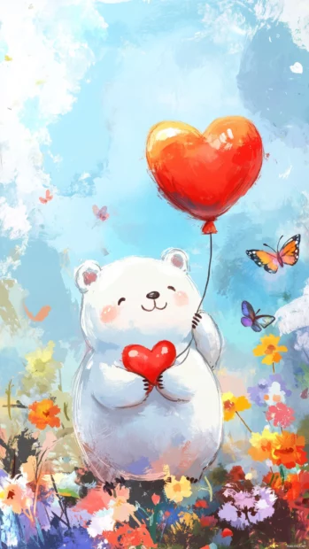 A cute Kawaii bear holding a heart shaped balloon, surrounded by colorful flowers and butterflies, enjoying a sunny day.