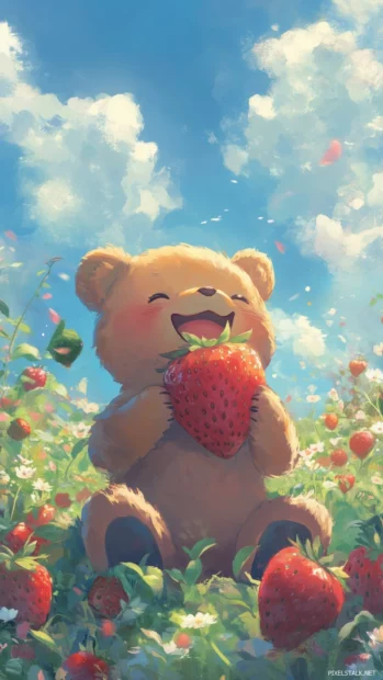 A cute Kawaii bear sitting in a field of strawberries.