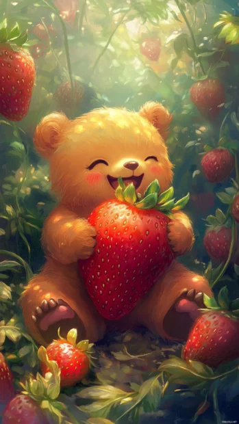 A cute Kawaii bear sitting in a field of strawberries, happily munching on a giant strawberry with a big smile.