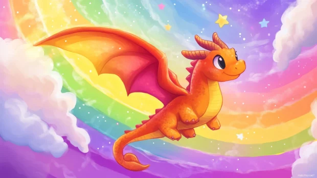 A cute Kawaii dragon flying through a rainbow, with little stars and clouds surrounding it.