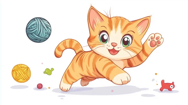 A cute Kawaii kitten chasing a ball of yarn, with cheerful expressions and colorful toys scattered around.