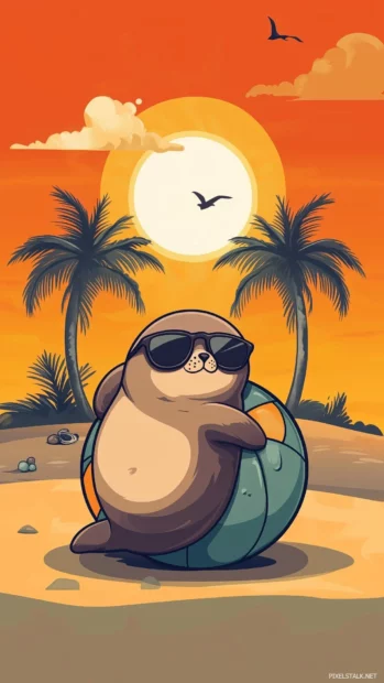 A cute Kawaii seal lounging on a beach ball, wearing sunglasses, with palm trees and a bright sun in the background.