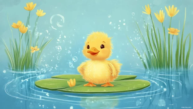 A cute baby duck with fluffy yellow feathers, sitting on a lily pad surrounded by sparkling blue water and cartoon cattails.