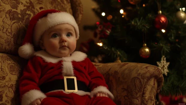 A cute baby in a Santa suit, sitting next to a decorated tree.