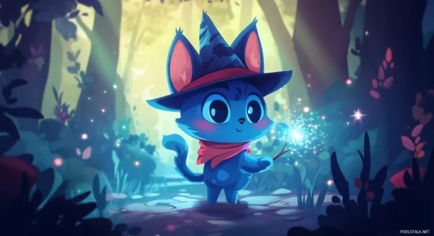 A cute chibi cat wearing a little wizard hat.