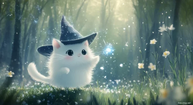 A cute chibi cat wearing a little wizard hat, casting sparkles and magic spells in a whimsical forest.