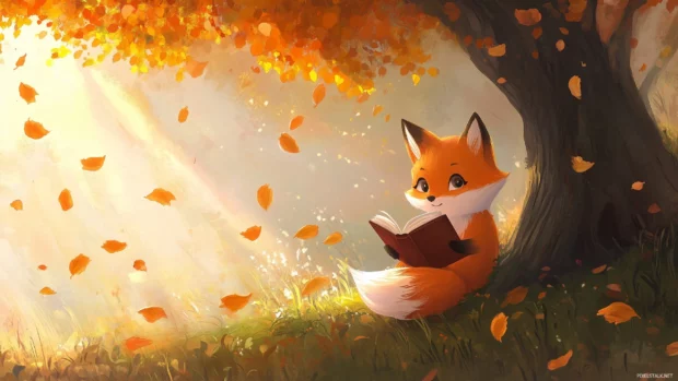 A cute chibi fox reading a book under a tree, with a gentle breeze and fluttering leaves.