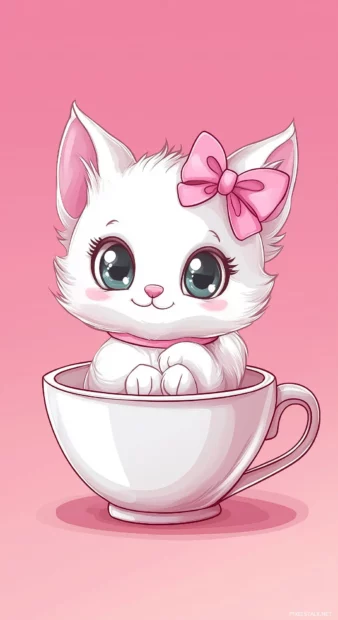 A cute chubby cat with big sparkling eyes and a pink bow, sitting in a teacup, in the style of Kawaii.