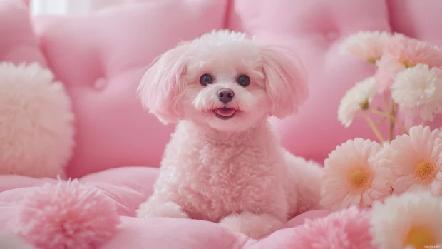 A cute dog with soft pink fur sitting in a pastel pink room, surrounded by fluffy pillows and delicate flowers.