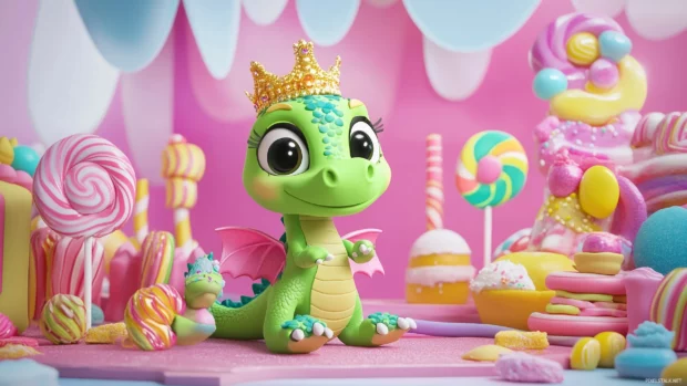 A cute dragon HD wallpaper with big round eyes, wearing a tiny crown and sitting inside a colorful candy world with lollipops and sweets.