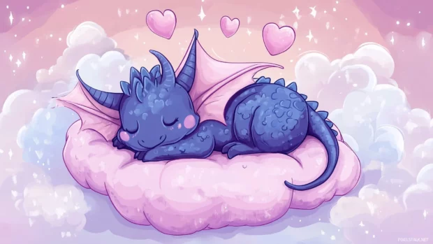 A cute dragon curled up, sleeping on a fluffy pink pillow.