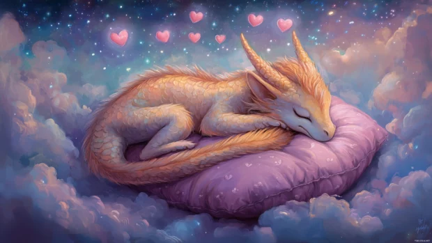 A cute dragon curled up, sleeping on a fluffy pink pillow, with hearts floating above its head.