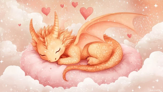 A cute dragon curled up, sleeping on a fluffy pink pillow, with hearts floating above its head, surrounded by soft clouds and stars.