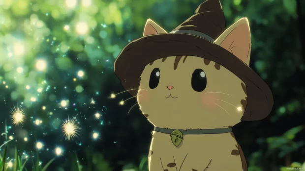 A cute kawaii cat wearing a little wizard hat, casting sparkles and magic spells in a whimsical forest.