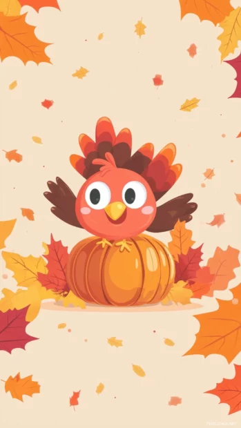 A cute, minimal Thanksgiving design featuring a tiny turkey and a pumpkin with playful expressions.