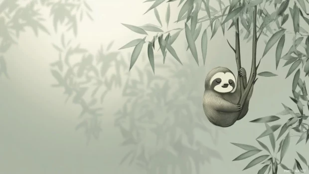 A cute, minimalist wallpaper featuring a sleepy sloth hanging from a branch surrounded by soft foliage.