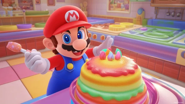 A cute moment of Mario baking in the kitchen, surrounded by colorful ingredients and a big cake, with a cheerful expression as he stirs the batter.