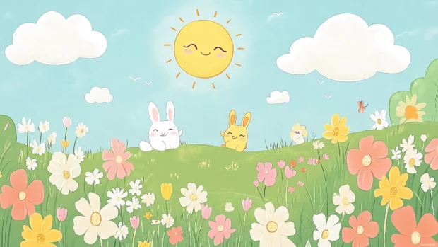 A cute pastel colored landscape featuring fluffy clouds and smiling suns.