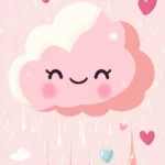 A cute pink Kawaii cloud wallpaper HD with a smiling face, surrounded by pastel raindrops and little hearts floating around.