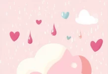 A cute pink Kawaii cloud wallpaper HD with a smiling face, surrounded by pastel raindrops and little hearts floating around.