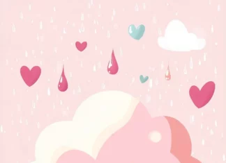 A cute pink Kawaii cloud wallpaper HD with a smiling face, surrounded by pastel raindrops and little hearts floating around.