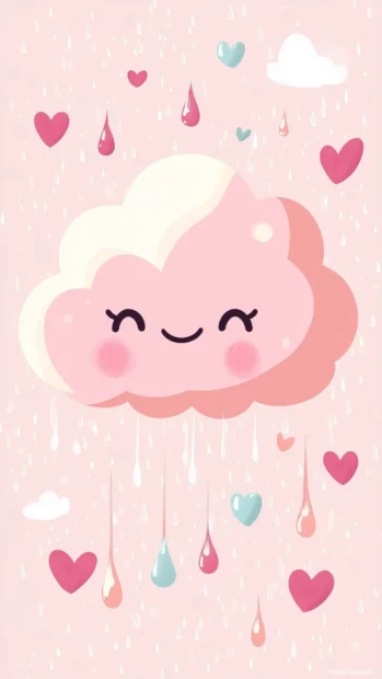 A cute pink Kawaii cloud wallpaper HD with a smiling face, surrounded by pastel raindrops and little hearts floating around.