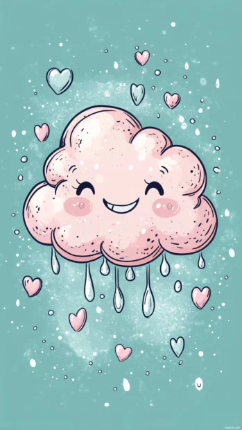 A cute pink Kawaii cloud with a smiling face, surrounded by pastel raindrops and little hearts floating around.