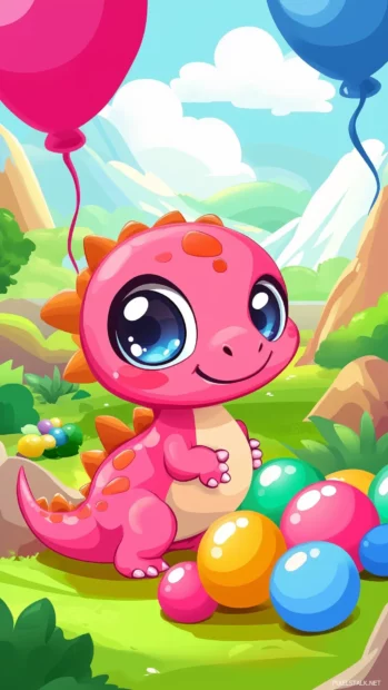 A cute pink Kawaii dinosaur wallpaper HD with big sparkly eyes, playing with colorful balloons in a vibrant.