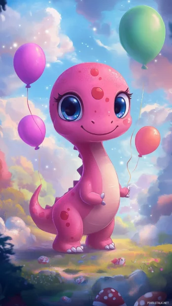 A cute pink Kawaii dinosaur with big sparkly eyes, playing with colorful balloons in a vibrant.