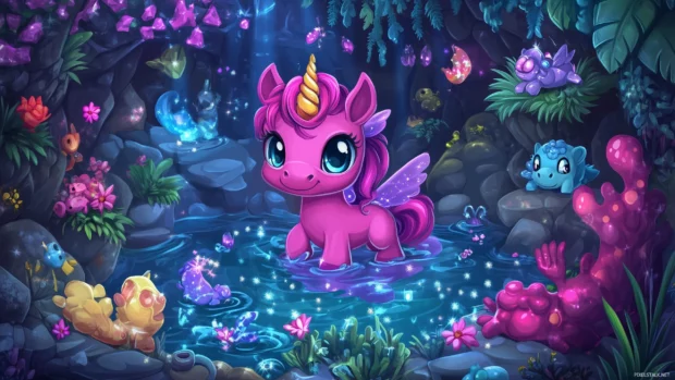 A cute pink unicorn surrounded by magical sparkles and whimsical creatures in a fantastical setting.