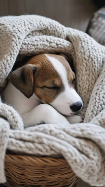 A cute puppy curled up in a cozy basket with a soft blanket.