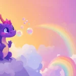 A cute purple dragon with sparkly wings, blowing cute little bubbles in a pastel colored sky, with a rainbow in the background.