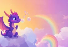 A cute purple dragon with sparkly wings, blowing cute little bubbles in a pastel colored sky, with a rainbow in the background.