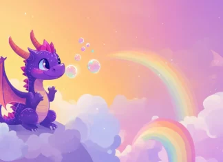 A cute purple dragon with sparkly wings, blowing cute little bubbles in a pastel colored sky, with a rainbow in the background.