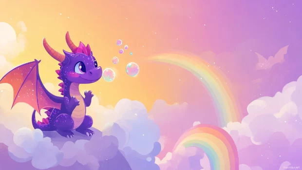 A cute purple dragon with sparkly wings, blowing cute little bubbles in a pastel colored sky, with a rainbow in the background.