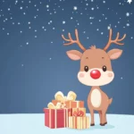 A cute reindeer with a red nose and antlers, standing next to a pile of gifts under a starry sky.