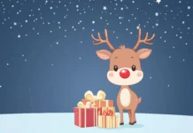 A cute reindeer with a red nose and antlers, standing next to a pile of gifts under a starry sky.