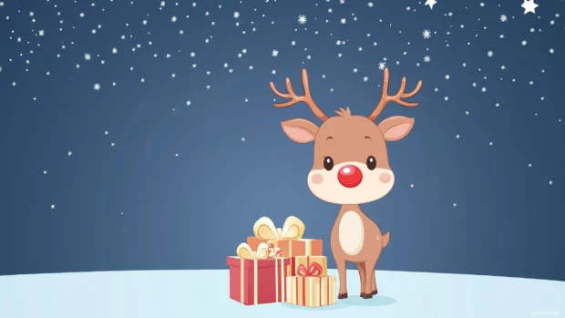 A cute reindeer with a red nose and antlers, standing next to a pile of gifts under a starry sky.