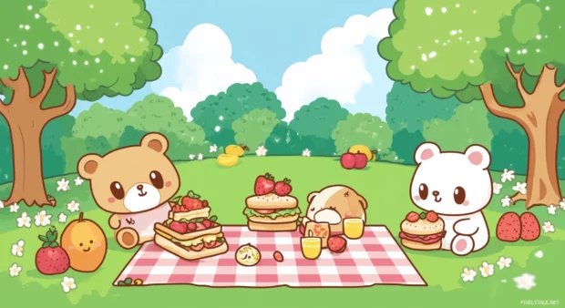 A cute scene of chibi bears having a picnic in a sunny park, with cute sandwiches, fruits, and a checkered blanket.