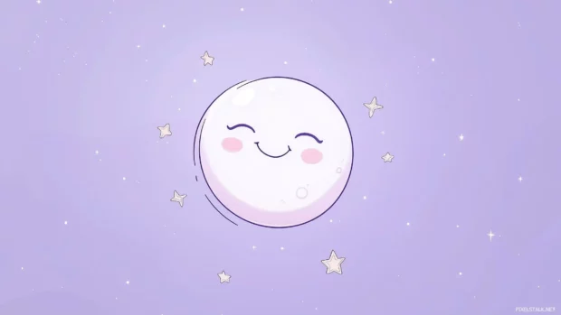 A cute simple bakground with a smiling moon and stars on a soft lavender background.