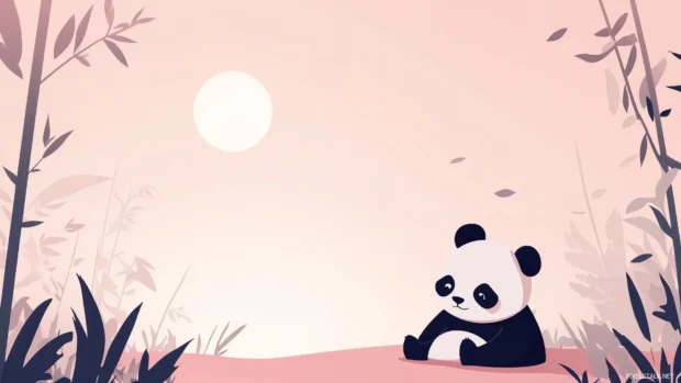 A cute simple computer wallpaper with a baby panda munching on bamboo under a light pastel sky.